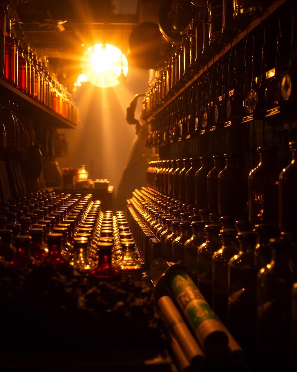 Amber fragrance bottles in a Dubai souk at golden hour